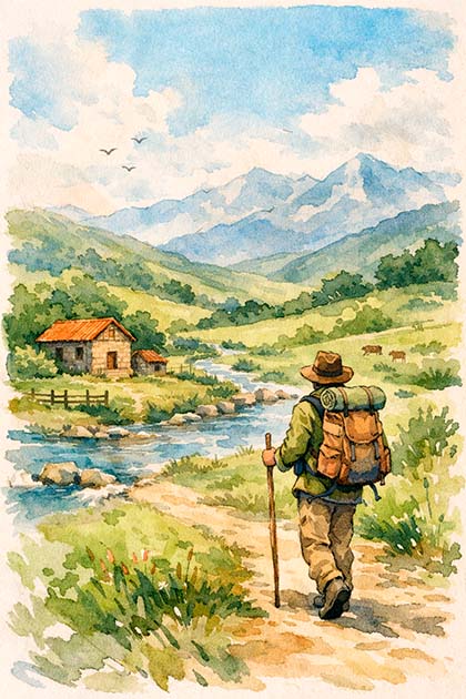 lustración en acuarela de un senderista recorriendo un valle verde en Asturias, con montañas suaves al fondo, río y casas rurales, evocando calma y aventura en la naturaleza asturiana.