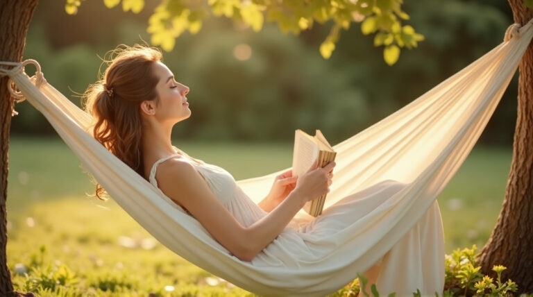 mujer relajada durante viaje disfrutando momento de autocuidado